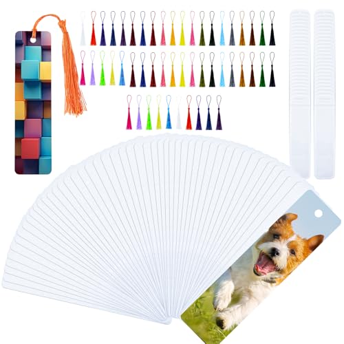 ZhouBoat 50 Sets Sublimation Blank Bookmarks, DIY Blank Aluminum Metal Bookmarks with Clear Bookmark Sleeves Tassels and Self-Sealing Bags for Crafts Birthday Reading Back to School Supplies - Image 1