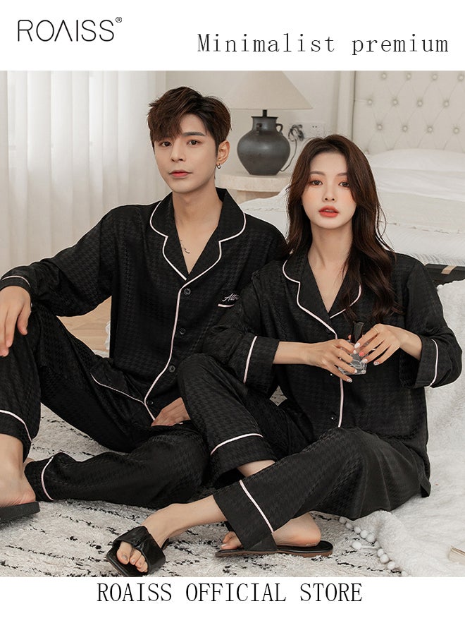 roaiss Couple Pajamas Set Long Sleeves Houndstooth Sleepwear for Men and Women Cute Plus Size Loungewear Spring and Autumn Home Clothes Gift for Boyfriend Girlfriend Husband Wife - Image 4