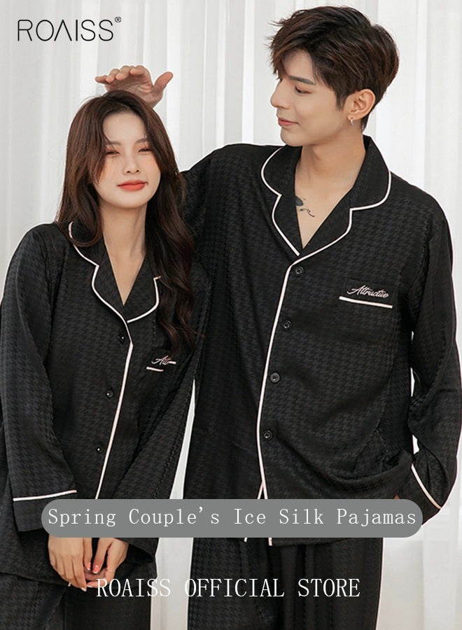 roaiss Couple Pajamas Set Long Sleeves Houndstooth Sleepwear for Men and Women Cute Plus Size Loungewear Spring and Autumn Home Clothes Gift for Boyfriend Girlfriend Husband Wife - Image 2
