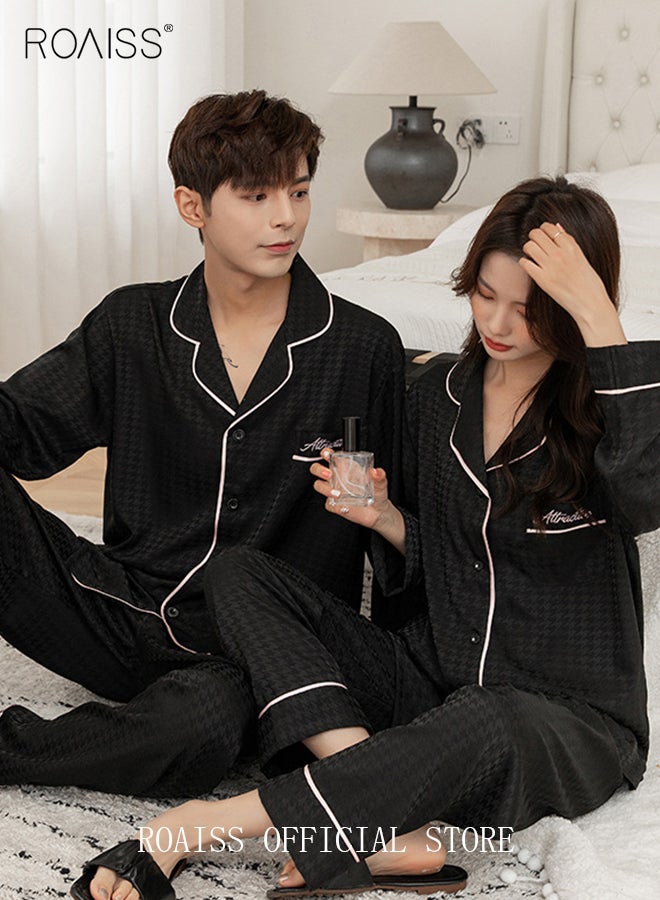 roaiss Couple Pajamas Set Long Sleeves Houndstooth Sleepwear for Men and Women Cute Plus Size Loungewear Spring and Autumn Home Clothes Gift for Boyfriend Girlfriend Husband Wife - Image 5