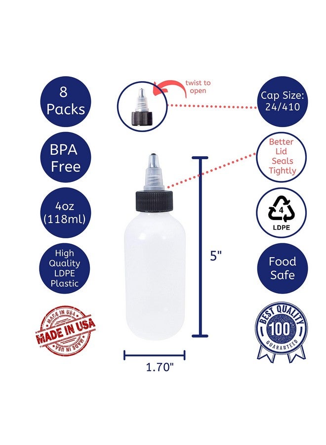 Kelkaa 4Oz Boston Round Ldpe Plastic Squeeze Bottles With Black And Natural Twist Dispensing Caps, Multi-Purpose Empty Refillable Bottles, Easy To Squeeze Containers (Pack Of 8) - Image 2