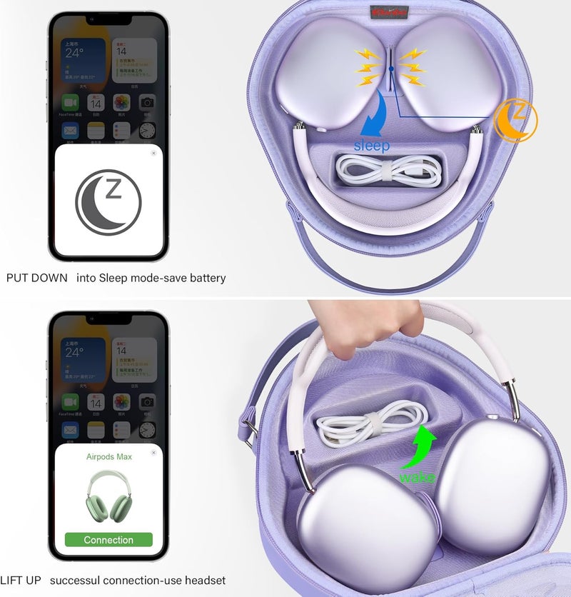 الونبو حقيبة ذكية من إلونبو لسماعات Apple AirPods Max اللاسلكية فوق الأذن (تدعم وضع السكون)، حقيبة حمل صلبة جديدة لسماعات AirPods Max، حقيبة تخزين واقية للسفر للسماعات، أرجواني - Image 3