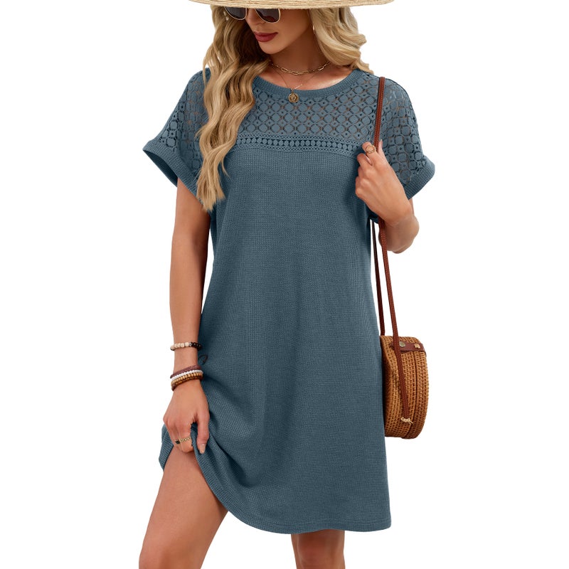 2026 Spring/Summer New Arrival Solid Color Round Neck Lace Patchwork Loose Short Sleeve Dress