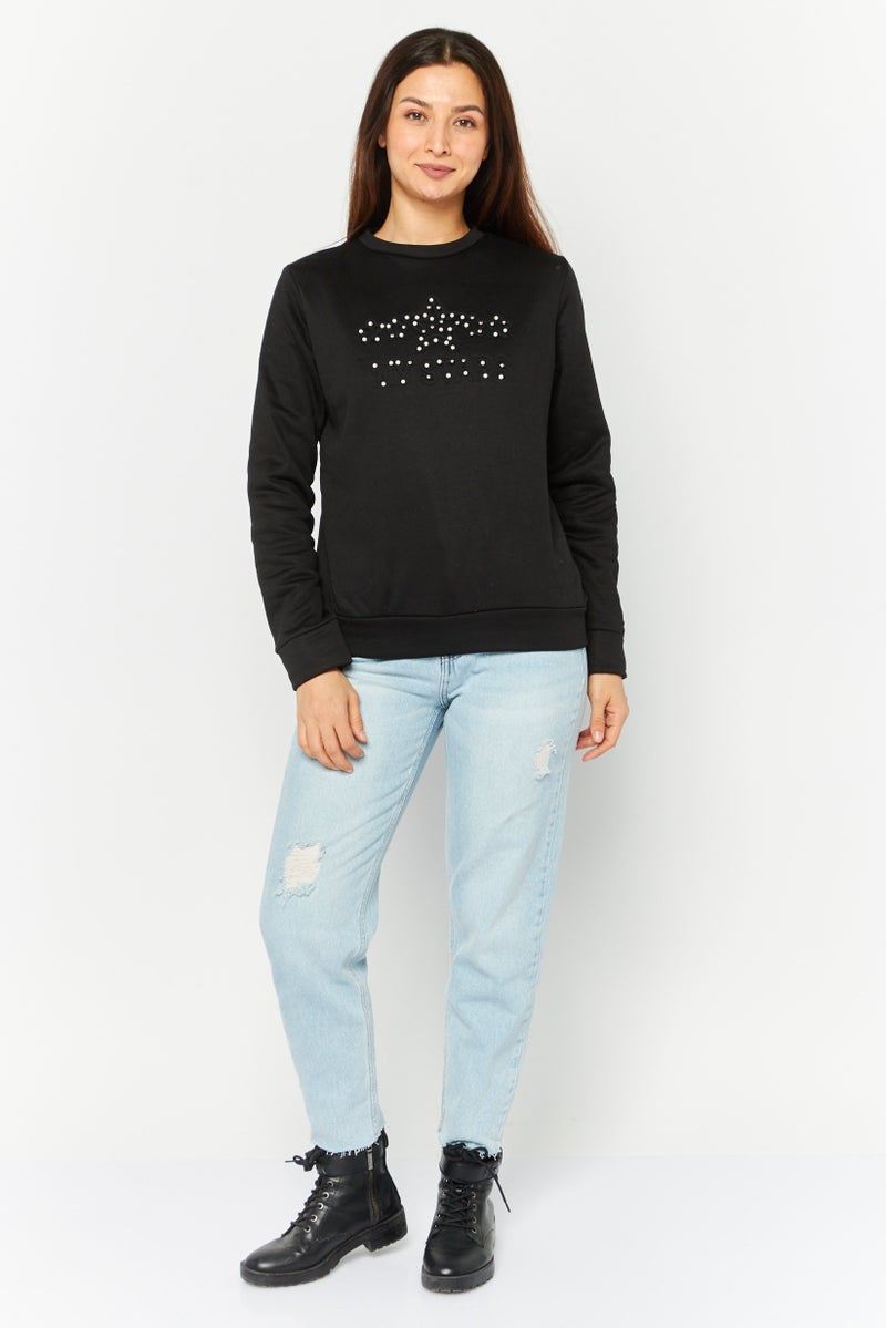 Buzz Women Round Neck Long Sleeves Embillished Sweatshirt, Black - Image 2