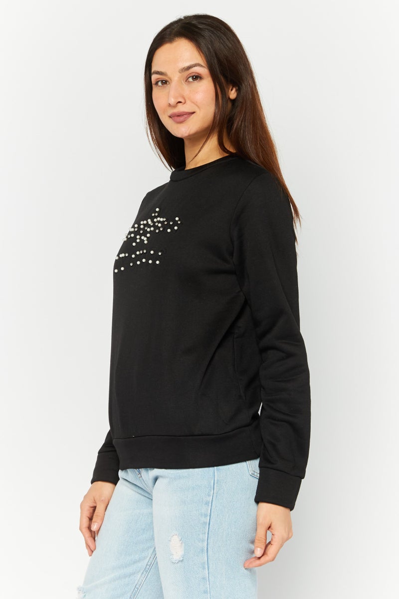 Buzz Women Round Neck Long Sleeves Embillished Sweatshirt, Black - Image 3