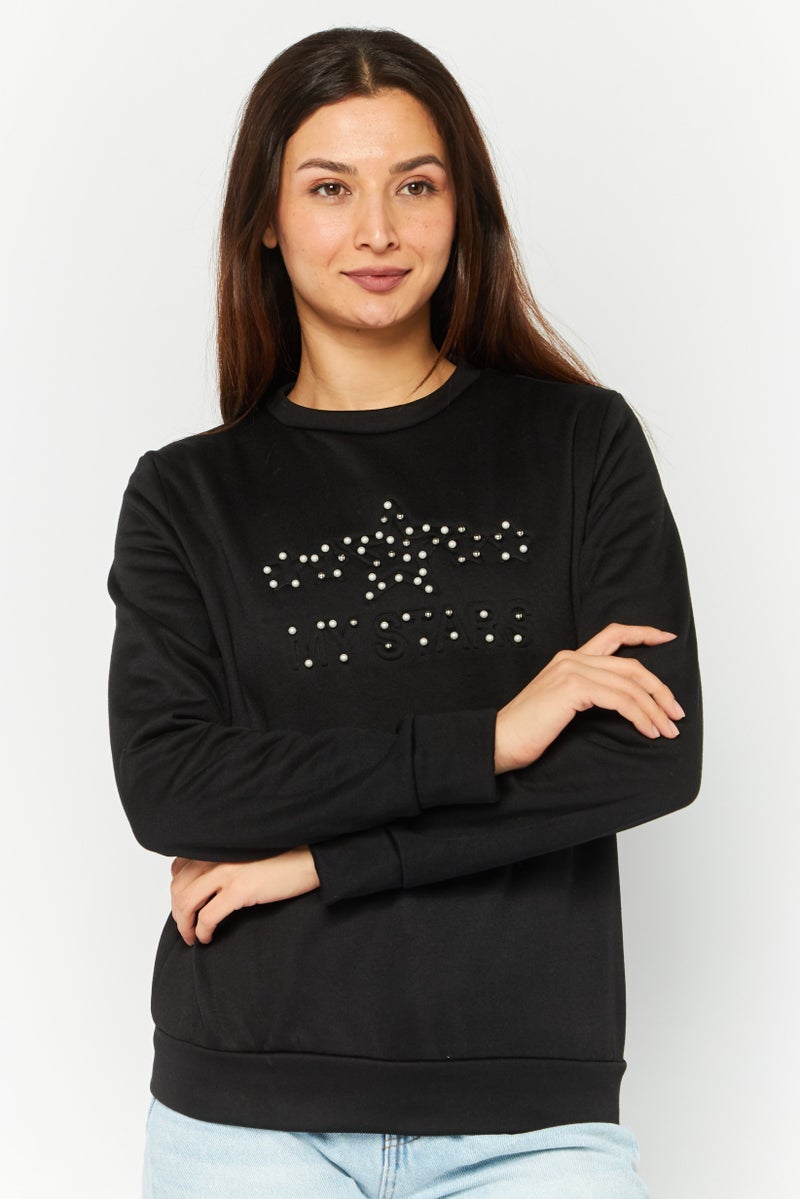 Buzz Women Round Neck Long Sleeves Embillished Sweatshirt, Black - Image 1