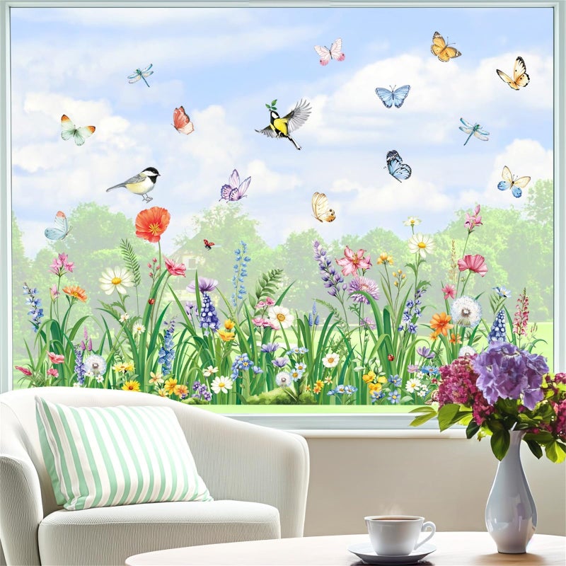 decalmile Spring Flower Grass Double Sided Window Clings Wildflower Butterflies Window Decals Anti-Collision Glass Doors Window Stickers - Image 3