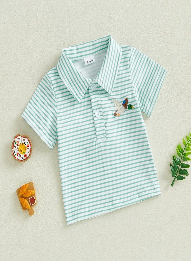 SAYOO Toddler Baby Summer T-Shirt Duck Embroidery Short Sleeve Lapel Stripe Tops for Boys Girls (Mallard Duck Green, 12-18 Months) - Image 2