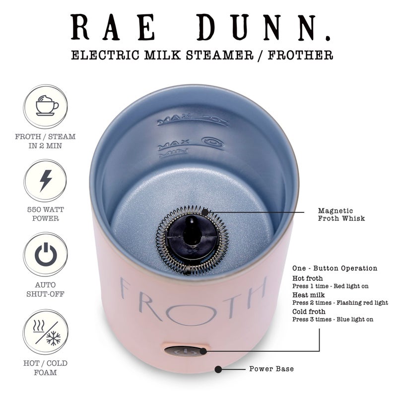 Rae Dunn Electric Milk Frother Steamer -Stylish Automatic Milk Steamer and Frother, Milk Warmer, Hot and Cold Foam Maker for Coffee, Latte, Cappuccino, Macchiato - 550 Watt (Blush) - Image 3