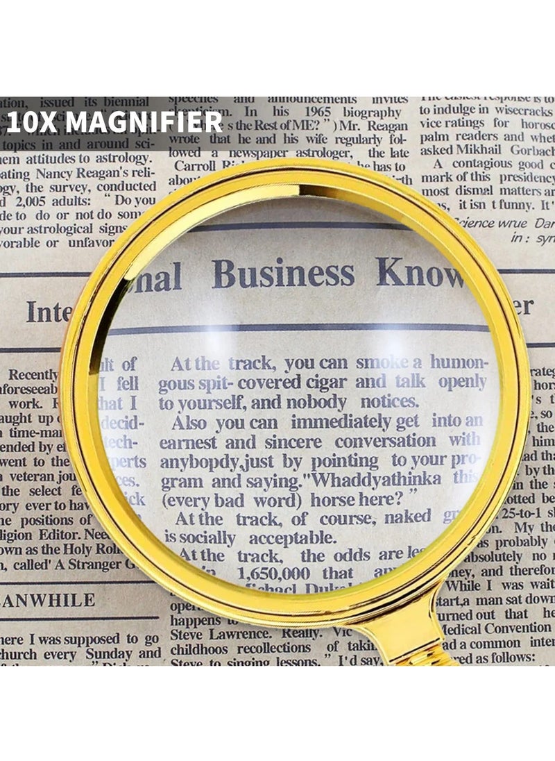 Magnifying Glass, 10X Handheld Reading Magnifier with Detachable Carved Handle and Keychain, 80mm and 60mm Magnify Glasses Lens, Magnifier Glass for Book Reading, Nature Exploration 2 Pcs, Gold