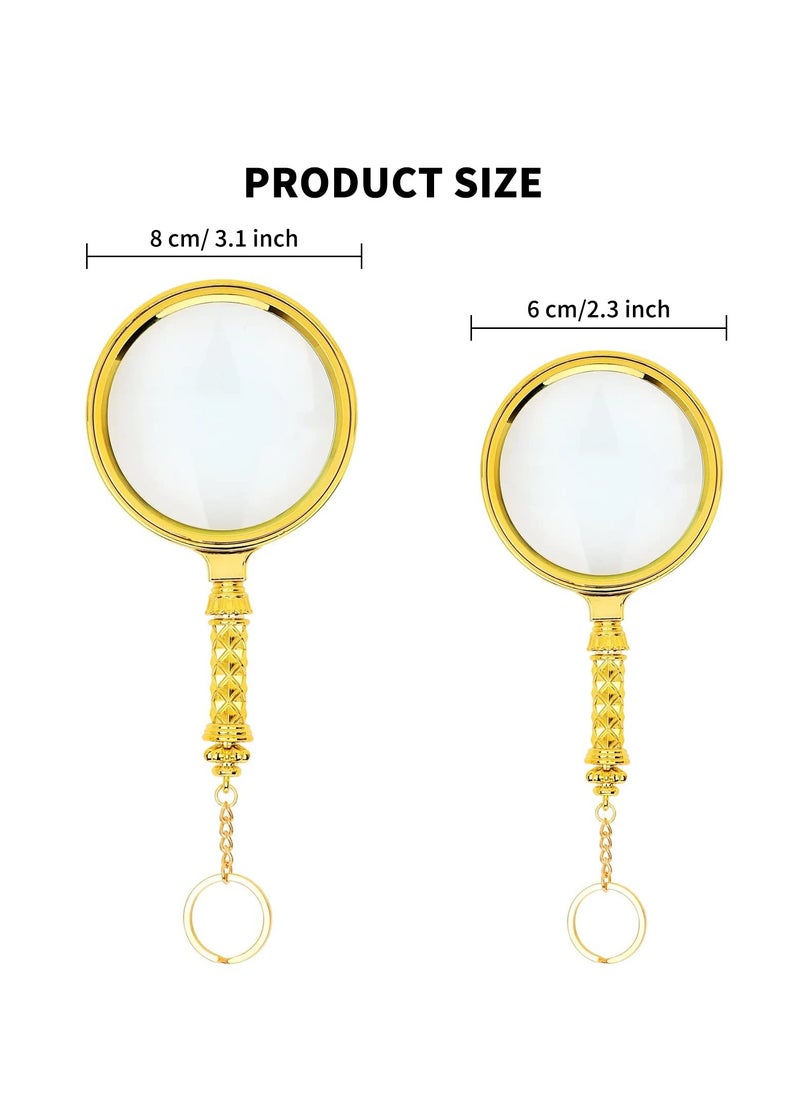 Magnifying Glass, 10X Handheld Reading Magnifier with Detachable Carved Handle and Keychain, 80mm and 60mm Magnify Glasses Lens, Magnifier Glass for Book Reading, Nature Exploration 2 Pcs, Gold