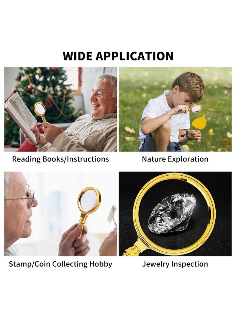 Magnifying Glass, 10X Handheld Reading Magnifier with Detachable Carved Handle and Keychain, 80mm and 60mm Magnify Glasses Lens, Magnifier Glass for Book Reading, Nature Exploration 2 Pcs, Gold