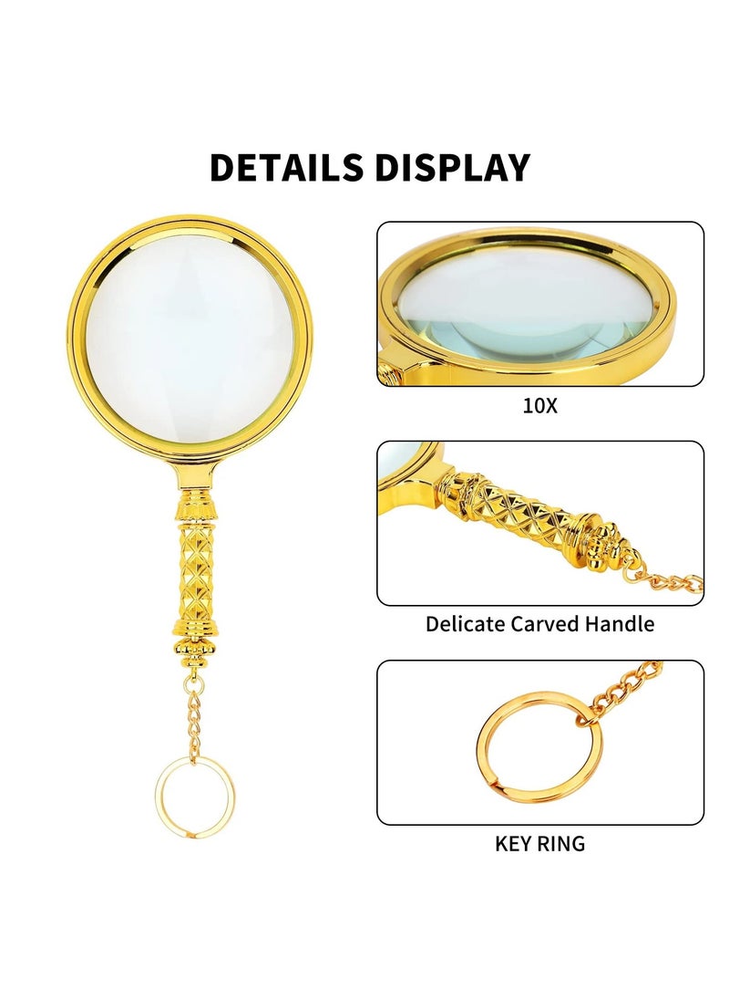 Magnifying Glass, 10X Handheld Reading Magnifier with Detachable Carved Handle and Keychain, 80mm and 60mm Magnify Glasses Lens, Magnifier Glass for Book Reading, Nature Exploration 2 Pcs, Gold