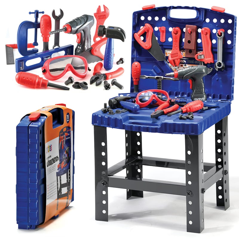 Play22 Kids Tool Set Bench 76 Pc Toddler Tool Bench Set with Electronic Play Drill Stem Educational Toy Pretend Play Construction Work Shop Preschool Toy Gift for Kids Children Boys and Girls