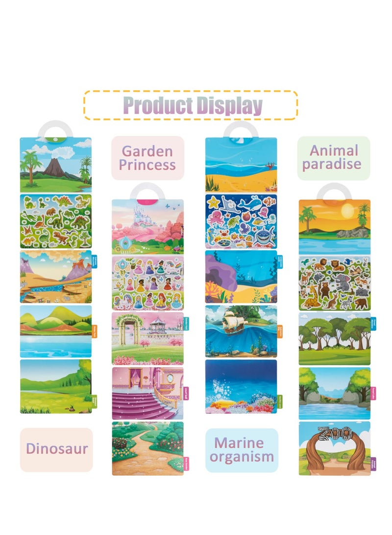 كتب ملصقات قابلة لإعادة الاستخدام، كتاب للأطفال حديثي المشي لوحة قابلة للإعادة للأطفال من عمر 2 إلى 4 سنوات، 4 مجموعات من ملصقات النوافذ ألعاب تعليمية تشمل حديقة الأميرات عالم البحر ديناصور جنة الحيوانات - Image 3