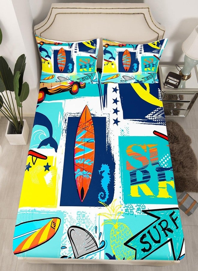 Castle Fairy Surfing Sports Bed Sheet Set for Boys Girls,Colorful Surf Themed Graffiti Painting Bed Sheet Set Full Size Bedding Set,Surfboard Fish Stars Plaid Fitted Sheet and 1 Flat, 2 Pillow Sham - Image 2
