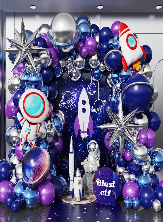 بالونار مجموعة زينة حفلات الفضاء الخارجي، طقم بالونات على شكل قوس، زينة حفلات أعياد ميلاد الفضاء، 134 قطعة من بالونات رواد الفضاء والصواريخ المصنوعة من رقائق معدنية باللون الأزرق الداكن والفضي المعدني، زينة حفلات الأولاد بطابع الأجسام الطائرة المجهولة (أزرق). - Image 1