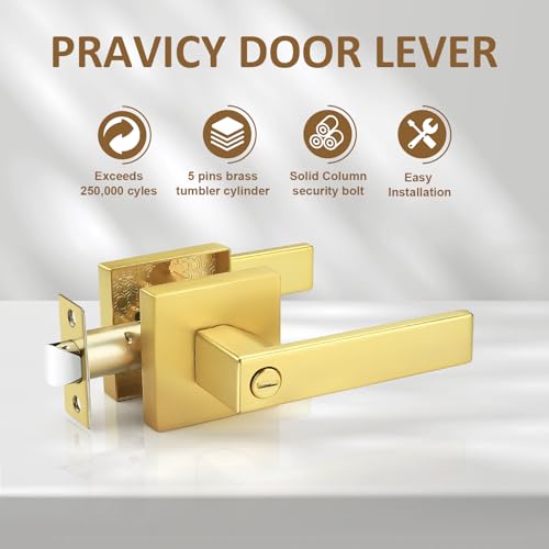 Probrico 8 Pack Gold Privacy Door Handles,Heavy Duty Satin Brass Door Knobs with Lock for Bedroom and Bathroom,Square Interior Keyless Locksets - Image 3