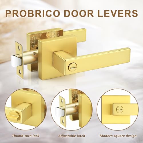 Probrico 8 Pack Gold Privacy Door Handles,Heavy Duty Satin Brass Door Knobs with Lock for Bedroom and Bathroom,Square Interior Keyless Locksets - Image 5
