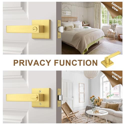 Probrico 8 Pack Gold Privacy Door Handles,Heavy Duty Satin Brass Door Knobs with Lock for Bedroom and Bathroom,Square Interior Keyless Locksets - Image 4
