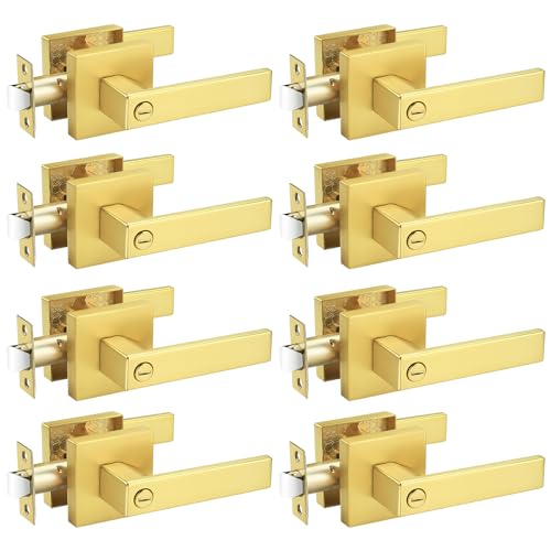Probrico 8 Pack Gold Privacy Door Handles,Heavy Duty Satin Brass Door Knobs with Lock for Bedroom and Bathroom,Square Interior Keyless Locksets - Image 1