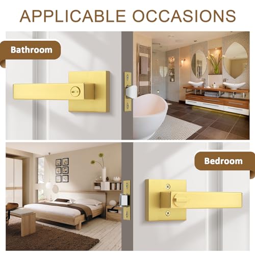 Probrico 8 Pack Gold Privacy Door Handles,Heavy Duty Satin Brass Door Knobs with Lock for Bedroom and Bathroom,Square Interior Keyless Locksets - Image 2