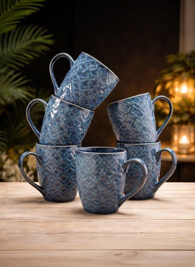 Arrabi Blue & Gold-Toned Crafted Ceramics Textured Ceramic Glossy Mugs Set of 6 - Image 1