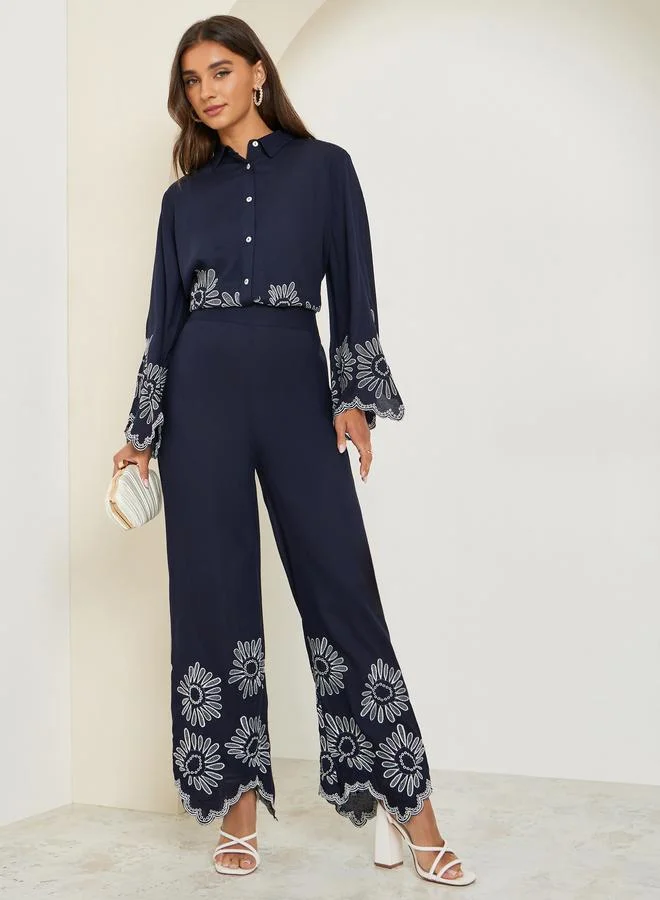Women Navy Blue Embroidered Hem Pants