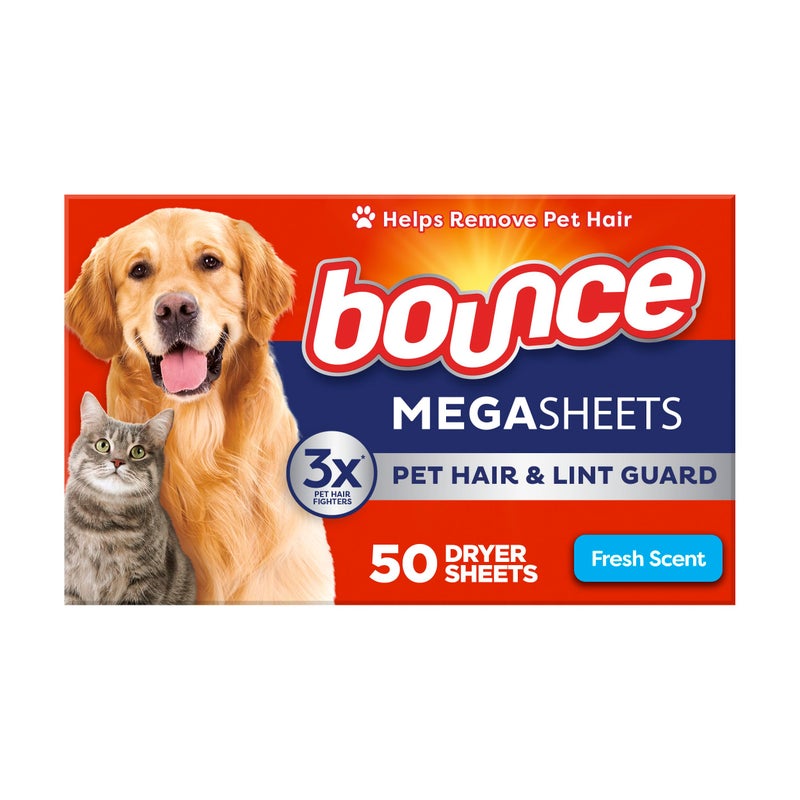 Bounce Pet Hair and Lint Guard Mega Dryer Sheets with 3X Pet Hair Fighters Fresh Scent 50 Count