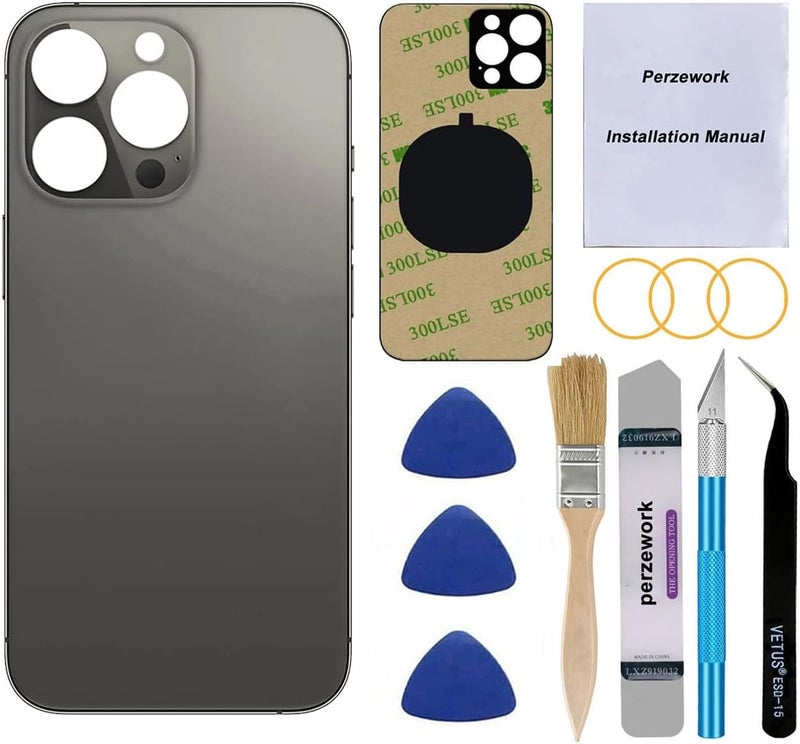 Perzework غطاء خلفي زجاجي بديل OEM لجهاز iPhone 13 برو ماكس 6.7 بوصة (جرافيت) لجميع الشبكات مع لاصق مثبت مسبقًا ومجموعات أدوات الإصلاح - Image 1