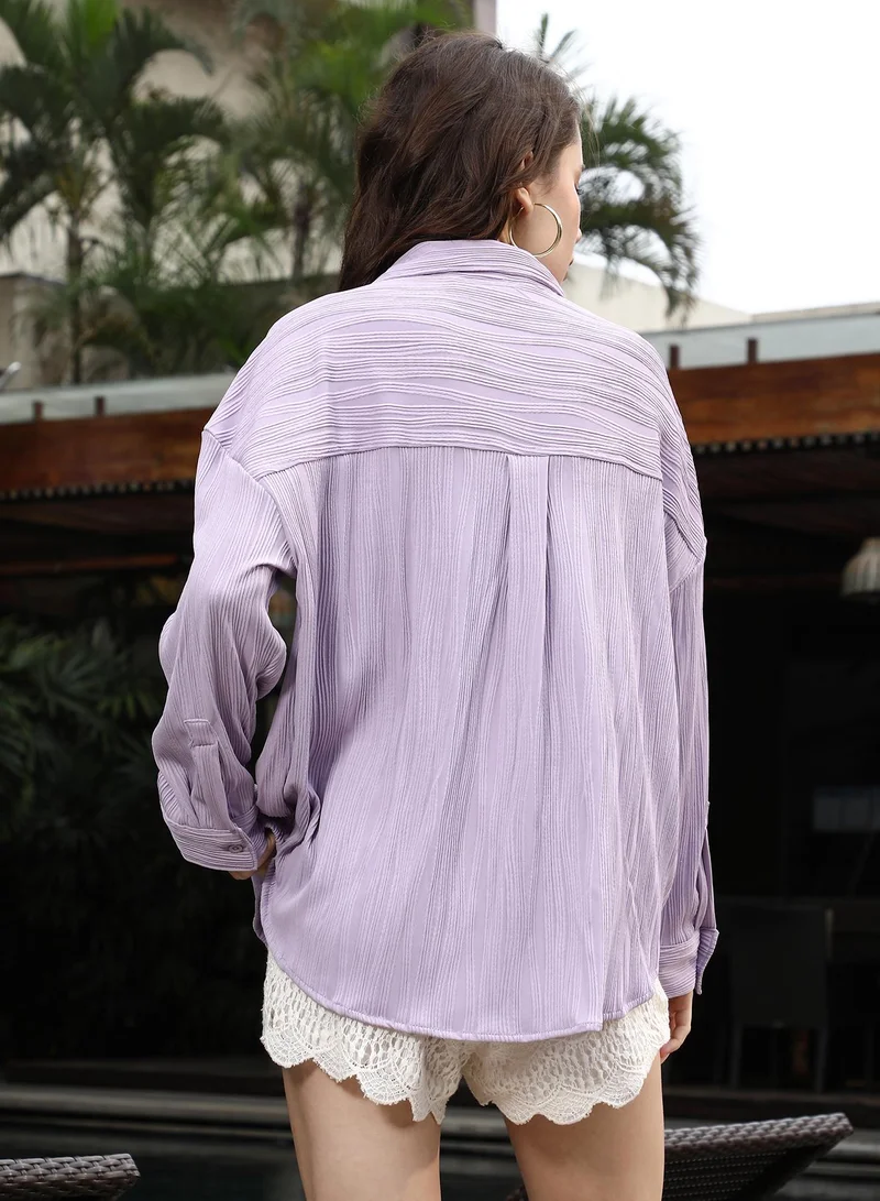 PINACOLADA Pinacolada Women's Lilac Swirl-Ridge Textured Oversized Shirt | Spread Collar , Long Cuffed Sleeves , Button Closure | Solid Textured Material | Polyester Blend Shirt For Casual Wear