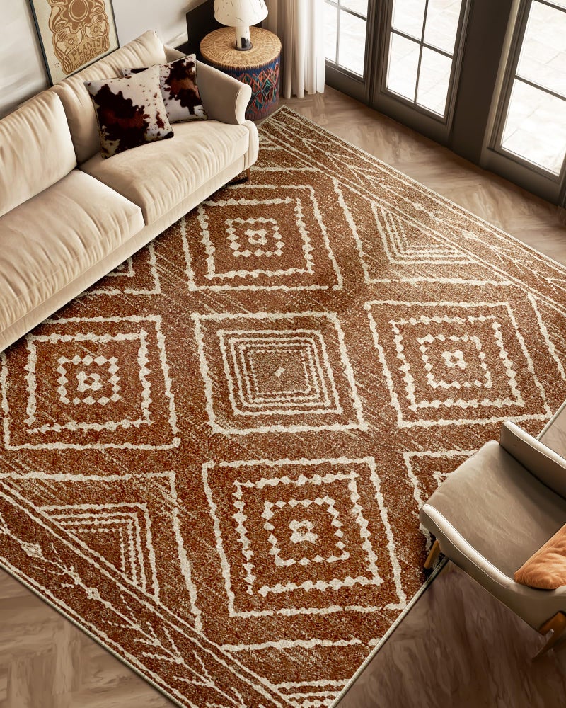 BESTSWEETIE Area Rug 8x10 Rug Machine Washable Non-Slip Low Pile Print Pattern Western Rug for Living Room Bedroom Entryway Tribal Series -Yellowbrown/Cream - Image 1