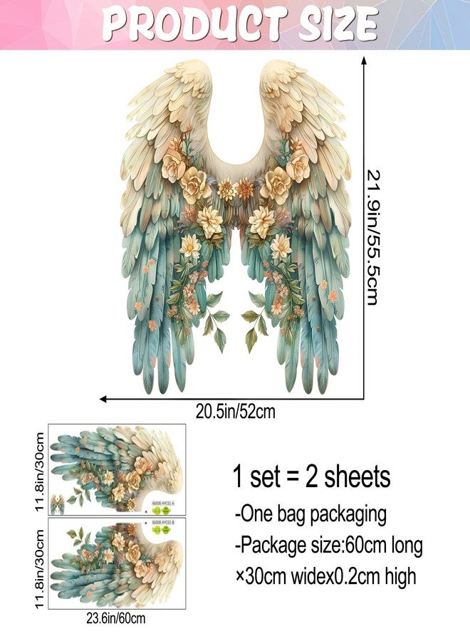 DRWSSR Angel Wings Wall Decals - Large Colorful Flower & Wings Decals, Removable DIY Vinyl Fashionable Wall Art Murals for Girls, Baby, Kids Bedroom, Living Room, Dining Room (Blue) - Image 2