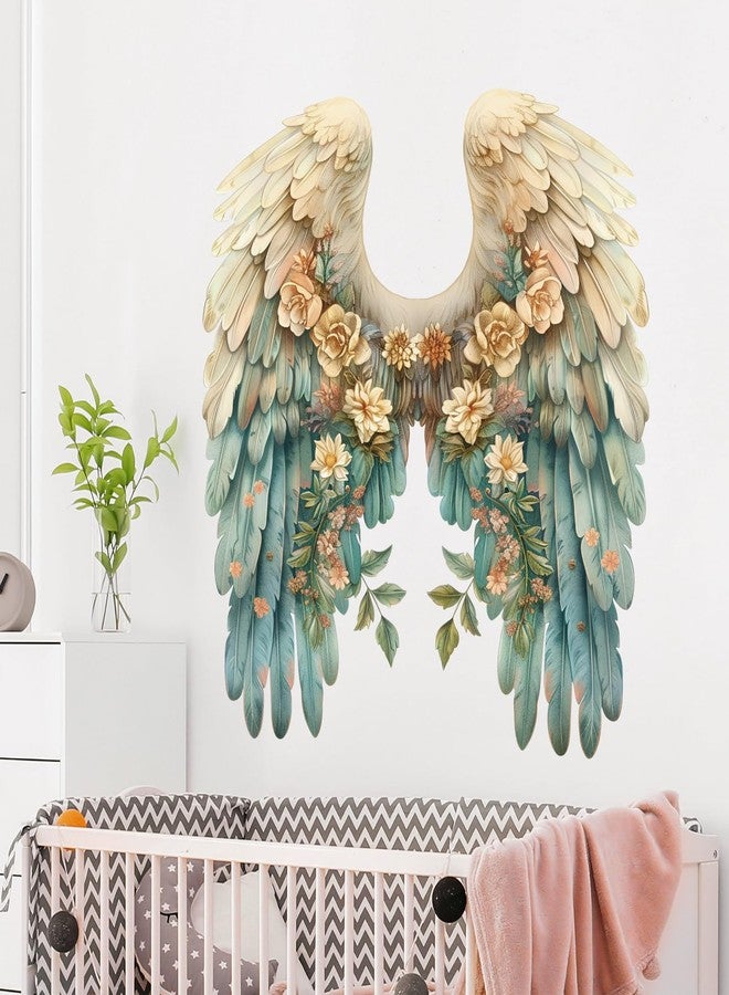 DRWSSR Angel Wings Wall Decals - Large Colorful Flower & Wings Decals, Removable DIY Vinyl Fashionable Wall Art Murals for Girls, Baby, Kids Bedroom, Living Room, Dining Room (Blue) - Image 1
