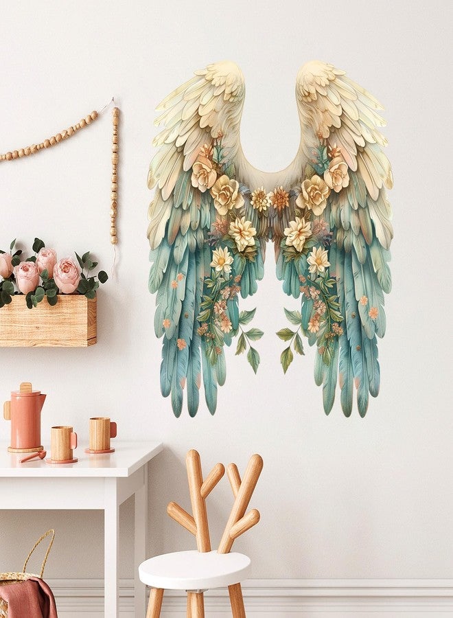 DRWSSR Angel Wings Wall Decals - Large Colorful Flower & Wings Decals, Removable DIY Vinyl Fashionable Wall Art Murals for Girls, Baby, Kids Bedroom, Living Room, Dining Room (Blue) - Image 5