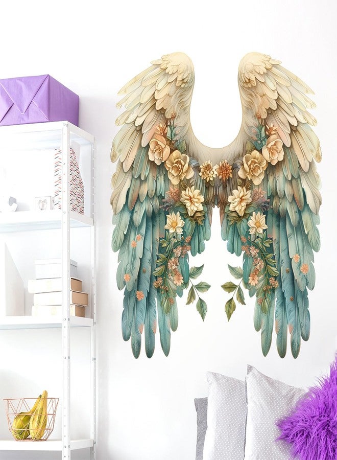 DRWSSR Angel Wings Wall Decals - Large Colorful Flower & Wings Decals, Removable DIY Vinyl Fashionable Wall Art Murals for Girls, Baby, Kids Bedroom, Living Room, Dining Room (Blue) - Image 4