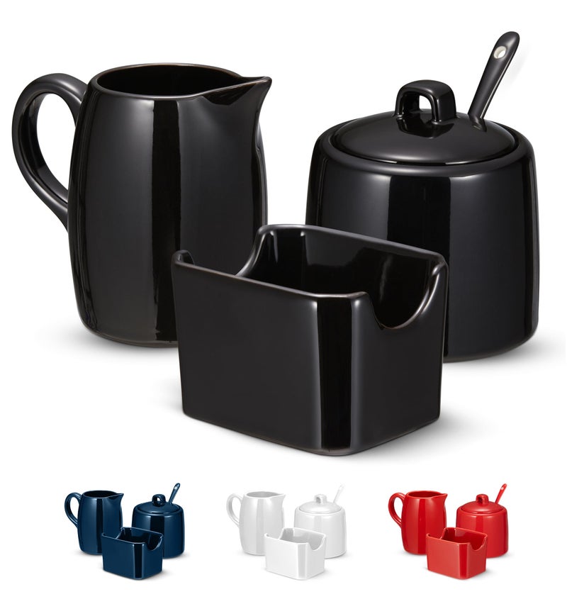Kook Sugar and Creamer Set 3 Piece Pitcher Sugar Bowl with Lid and Spoon Sweetener Holder Black