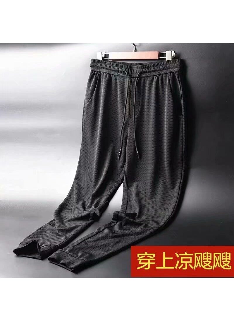 Generic Mens Ice Silk Short Sleeve Suit Summer Thin Mesh Quick Dry Loose Fit T-shirt Shorts Sport Casual 2-piece Set Black Cropped Pants 