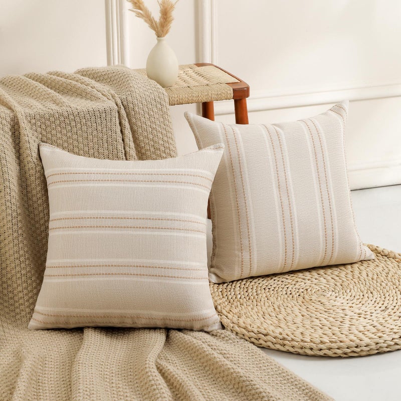 Hckot Hand Made Throw Pillow Covers 20x20 Set of 2 Striped Pillow Covers Linen Decorative Pillows Square Cushion Covers for Sofa Couch Bed Living Room Farmhouse Decor, Khaki - Image 3