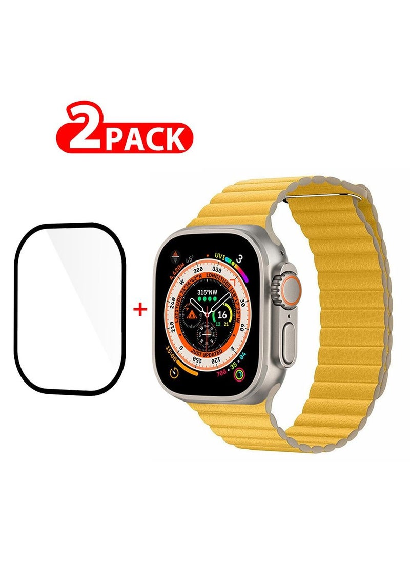 CATANES 2 Packs For Apple Watch Band 49mm Leather Loop Band Magnetic Watch Strap Wristband and 3D Screen Protector Yellow  - Image 1