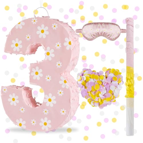 Lcoor Daisy Birthday Decorations Daisy Number 3 Piata with Blindfold Stick Blindfold Confetti for Pink Flower Boho 3rd Birthday Party Supplies Daisy 3 - Image 1