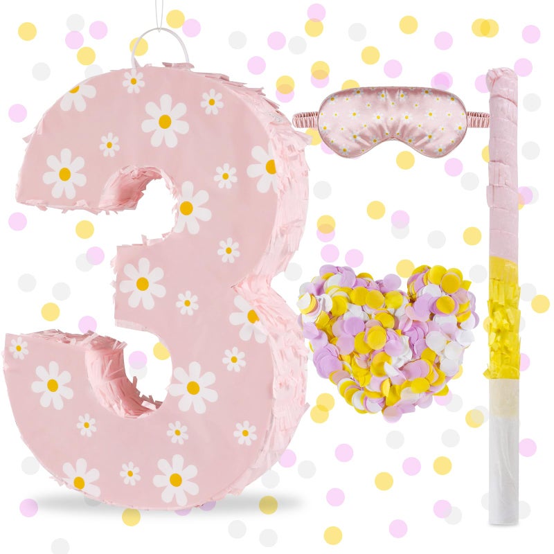 Lcoor Daisy Birthday Decorations Daisy Number 3 Piata with Blindfold Stick Blindfold Confetti for Pink Flower Boho 3rd Birthday Party Supplies Daisy 3 - Image 3