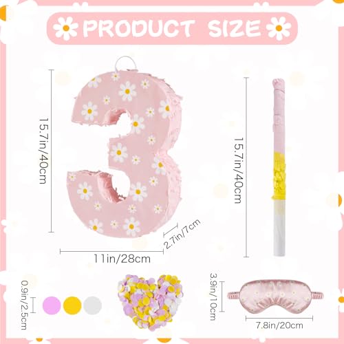 Lcoor Daisy Birthday Decorations Daisy Number 3 Piata with Blindfold Stick Blindfold Confetti for Pink Flower Boho 3rd Birthday Party Supplies Daisy 3 - Image 5