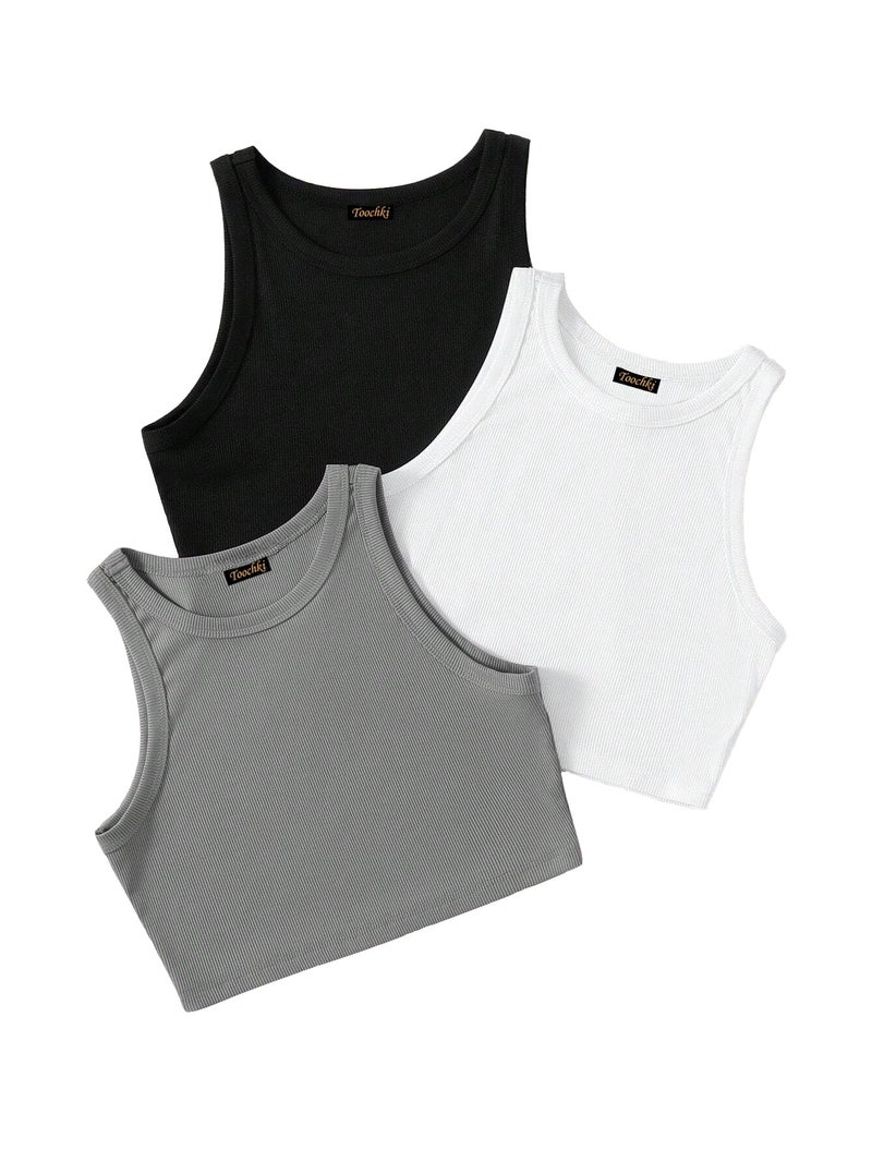 Toochki Top for Women | Spandex Crop Tops | Black White Beige Grey | Short | Western | Pack of 3 Combo - Image 1