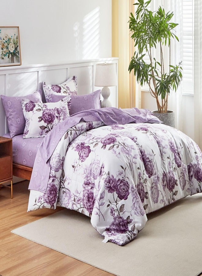 AIKASY 7-Piece Queen Size Bed in a Bag Comforter Set - Thistle Purple Floral Ensemble with Reversible Botanical Flowers Comforter, Sheets, Pillowcases & Shams - Image 3