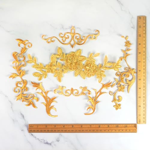 DRWATE 6 Pairs Gold Flower Embroidery Patch Sewing Craft Decoration Lace DIY Appliques for Wedding Prom Dress Clothes DIY Clothing Jean - Image 3