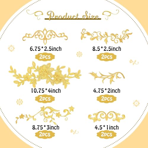 DRWATE 6 Pairs Gold Flower Embroidery Patch Sewing Craft Decoration Lace DIY Appliques for Wedding Prom Dress Clothes DIY Clothing Jean - Image 2