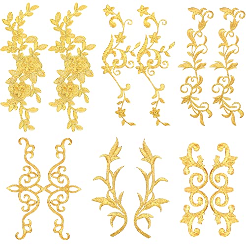 DRWATE 6 Pairs Gold Flower Embroidery Patch Sewing Craft Decoration Lace DIY Appliques for Wedding Prom Dress Clothes DIY Clothing Jean - Image 1