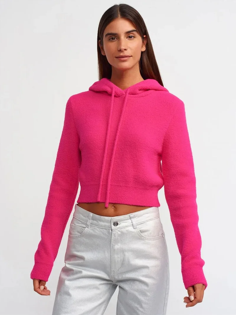 ديلفين DILVIN Women's Cropped Hooded Knit Sweater