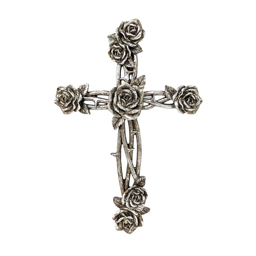 AMAJY Rustic Vintage Style Resin Silver Tone Rose and Thorn Cross Spiritual Wall Art Decor - Image 1